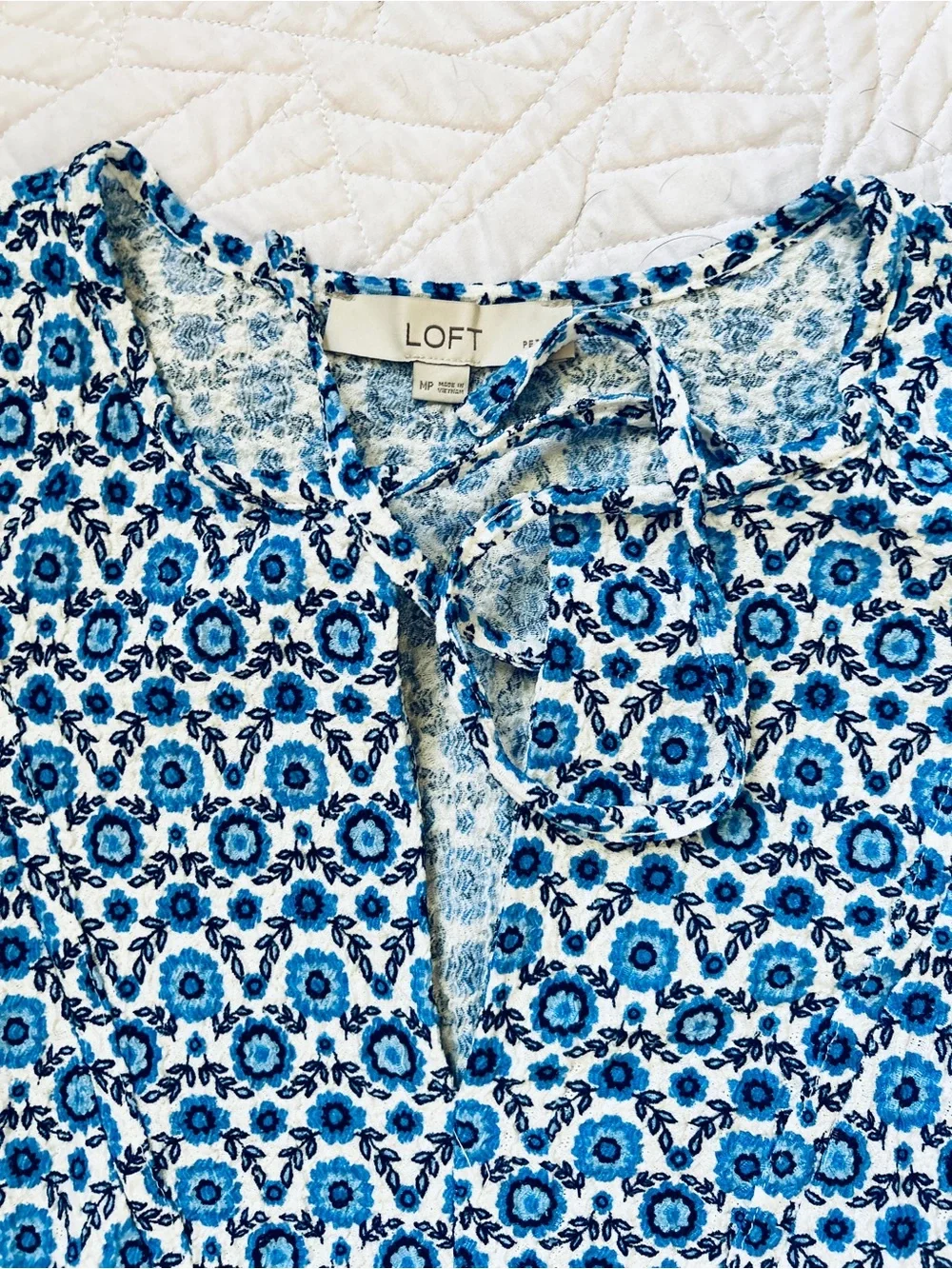 LOFT Blue and White Floral Peplum V-Neck Peasant Top